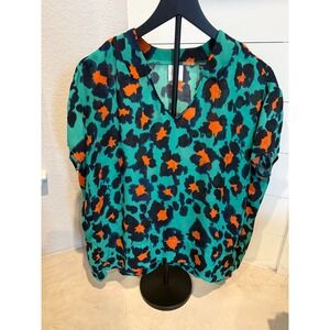 Cabi Women's XS Blouse‎ – Teal & Orange Abstract Leopard Print, Flowy Fit